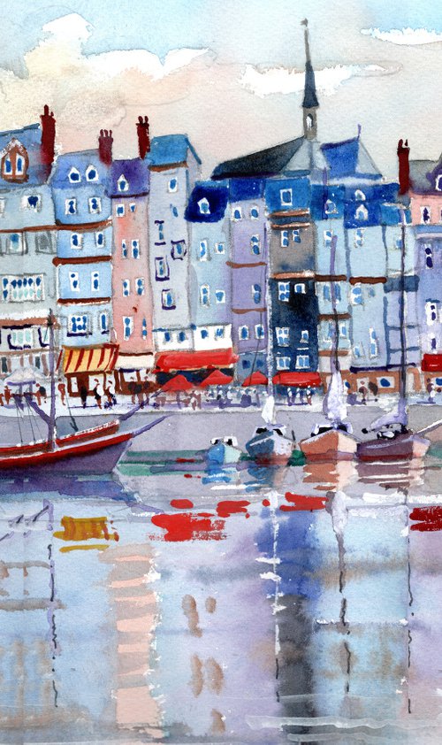 Cafes, Honfleur, Normandy, France. Harbour, buildings, boats and cafes. by Peter Day