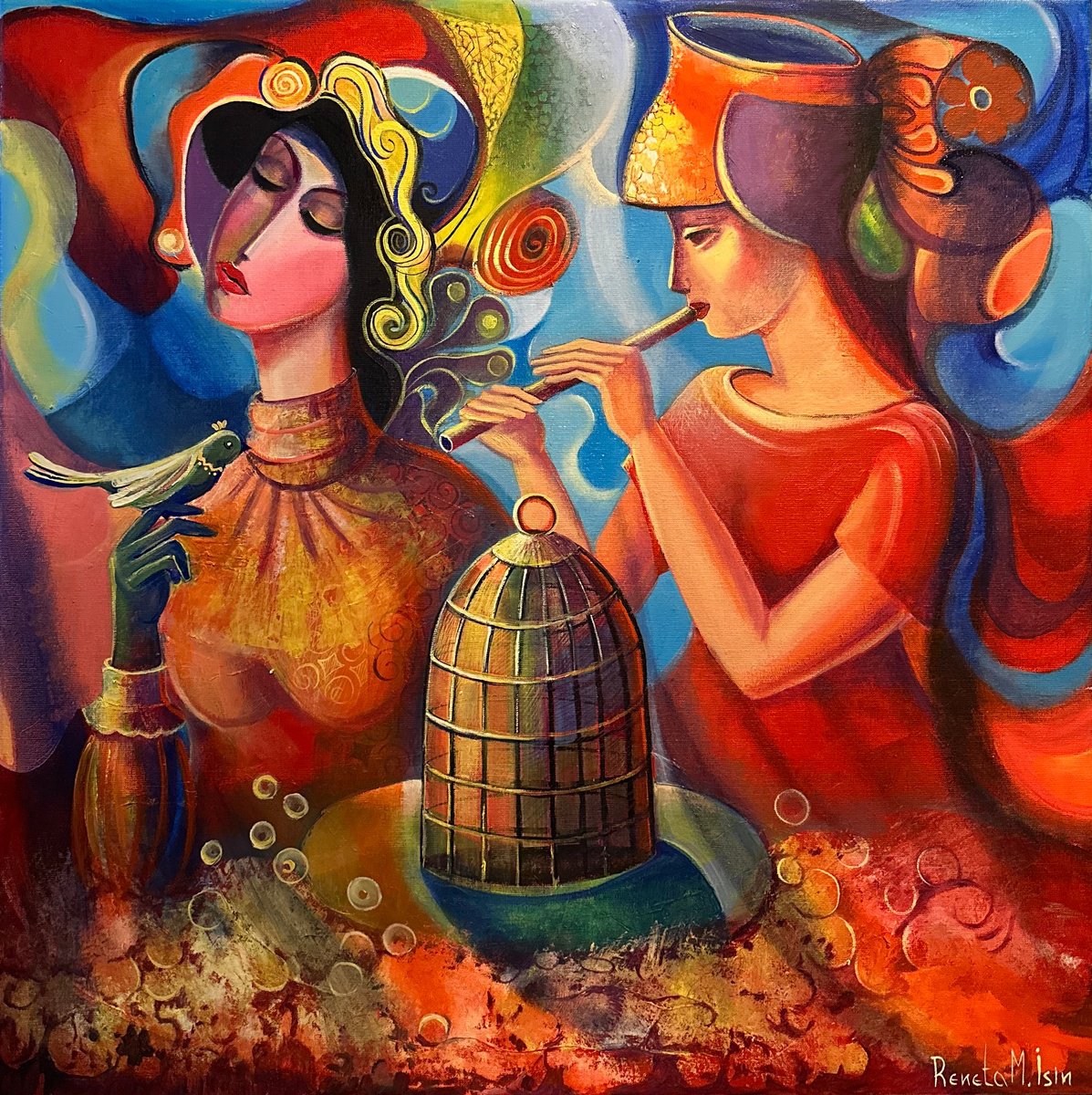 Expressive Portrait Oil Painting By Reneta Isin, 31 X 31", " Song Of The Lark ", Original Artwork