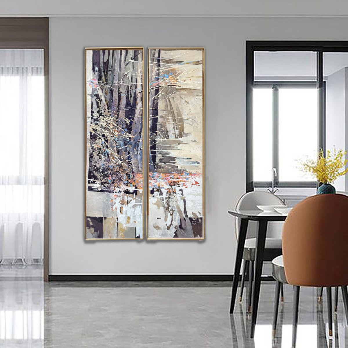 Abstract Landscape Oil Painting By Natalia Yampolskaia, 35 X 61", Frost. Diptych, Original Artwork