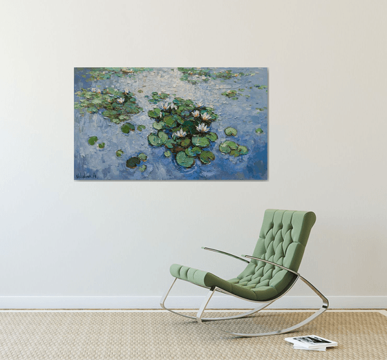 White Water Lilies - Large Original Oil painting 120 x 70 cm