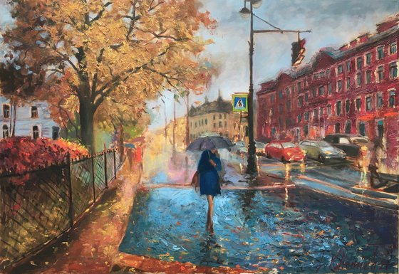 Evening at the rainy city, oil painting cityscape