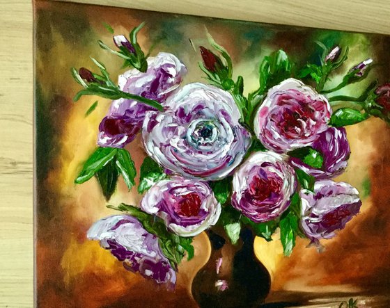 BOUQUET OF PURPLE ROSES palette knife modern red pink purple  still life  flowers Dutch style office home decor gift