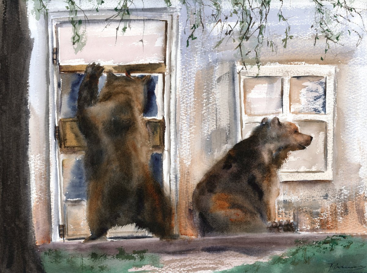 Illustrative Animal Watercolour By Olga Tchefranov (Shefranov), 16 X 12", Curious Visitors, Original Artwork