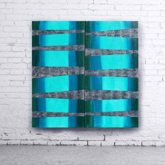 mint emerald steel textured stripes Vertical long painting A254 50x200x2 cm decor original abstract art Large paintings stretched canvas acrylic art industrial metallic textured wall art