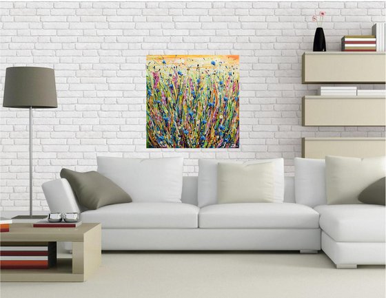 Cornflower Meadow - Abstract Floral Painting, Wildflower Field Textured Wall Art