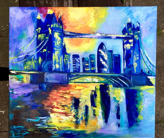 London night, Tower bridge, impressionism.City of London, River Thames, water reflections, sunset, palette knife painting,   variations of blue colours: ultramarine, navy blue, turquoise, sky blue, cobalt, palette knife original artwork.