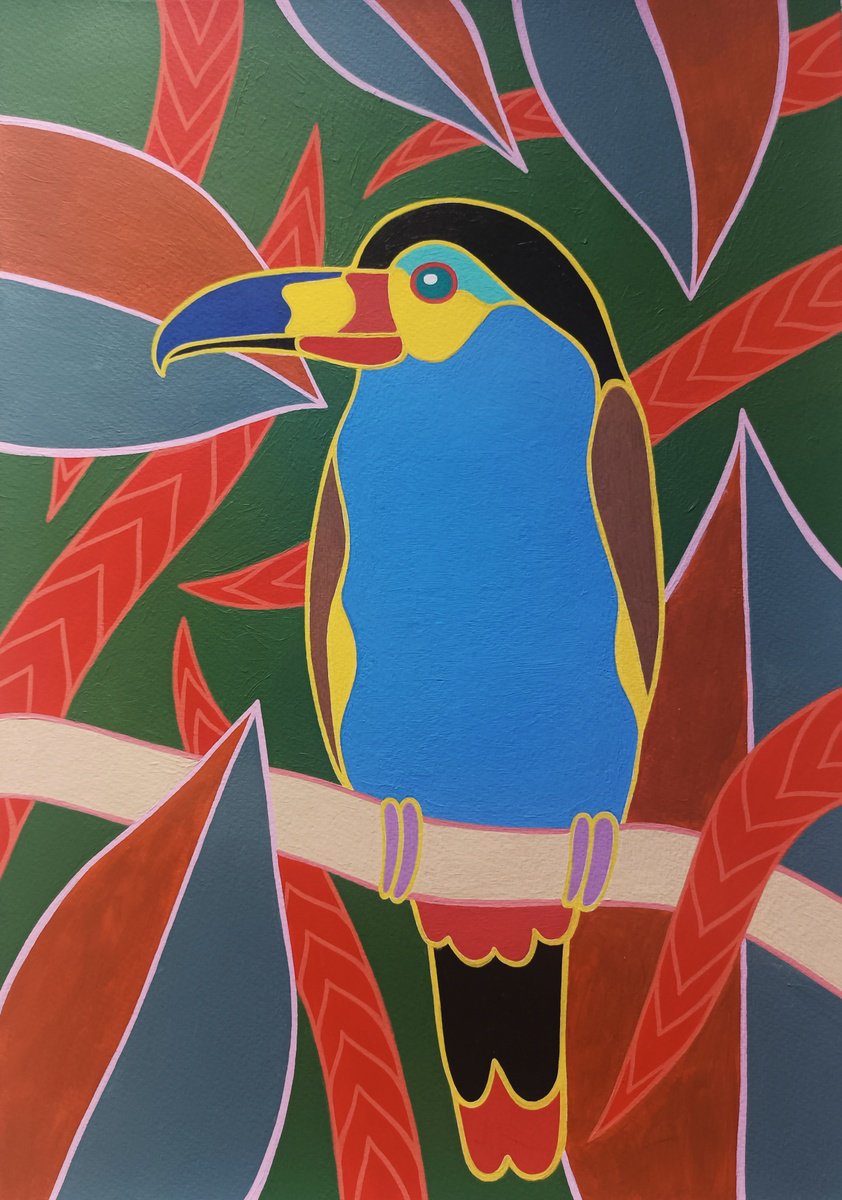 Naive Animal Acrylic Painting By Veronika Demenko, 12 X 17", Tropical Eden N.14, Original Artwork