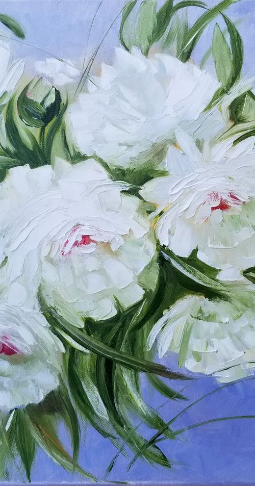 White Peonies. Original Oil Painting on Canvas. Performed in trendy palette knife technique. 16" x 20". 40,6 x 50,8 cm. 2019. by Alexandra Tomorskaya/Caramel Art Gallery
