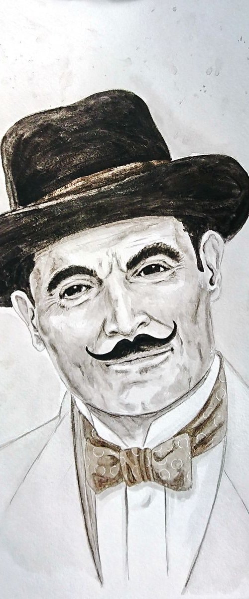 Hercule Poirot. Portrait. Monochrome watercolor painting. by Svetlana Vorobyeva