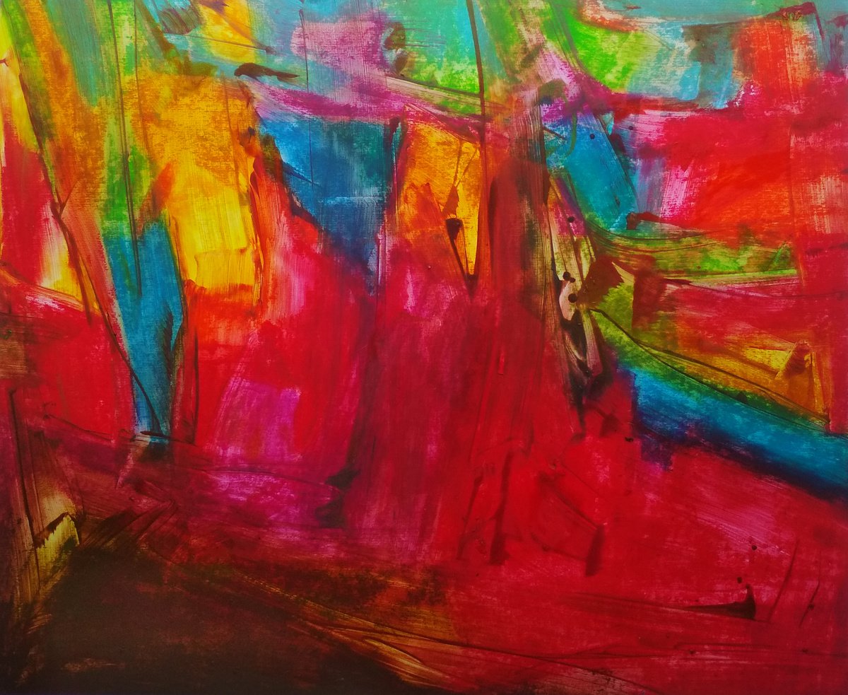 Abstract Oil Painting By Abhishek Kumar, 20 X 16, Red Waves, Original Artwork