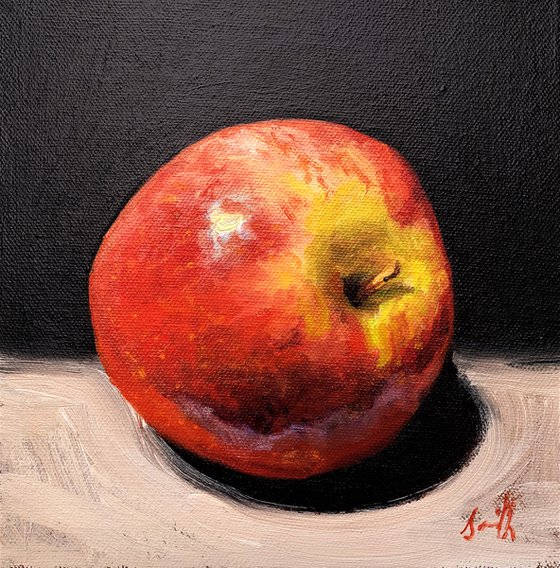 Apple oil painting still life on canvas, framed ready to hang.