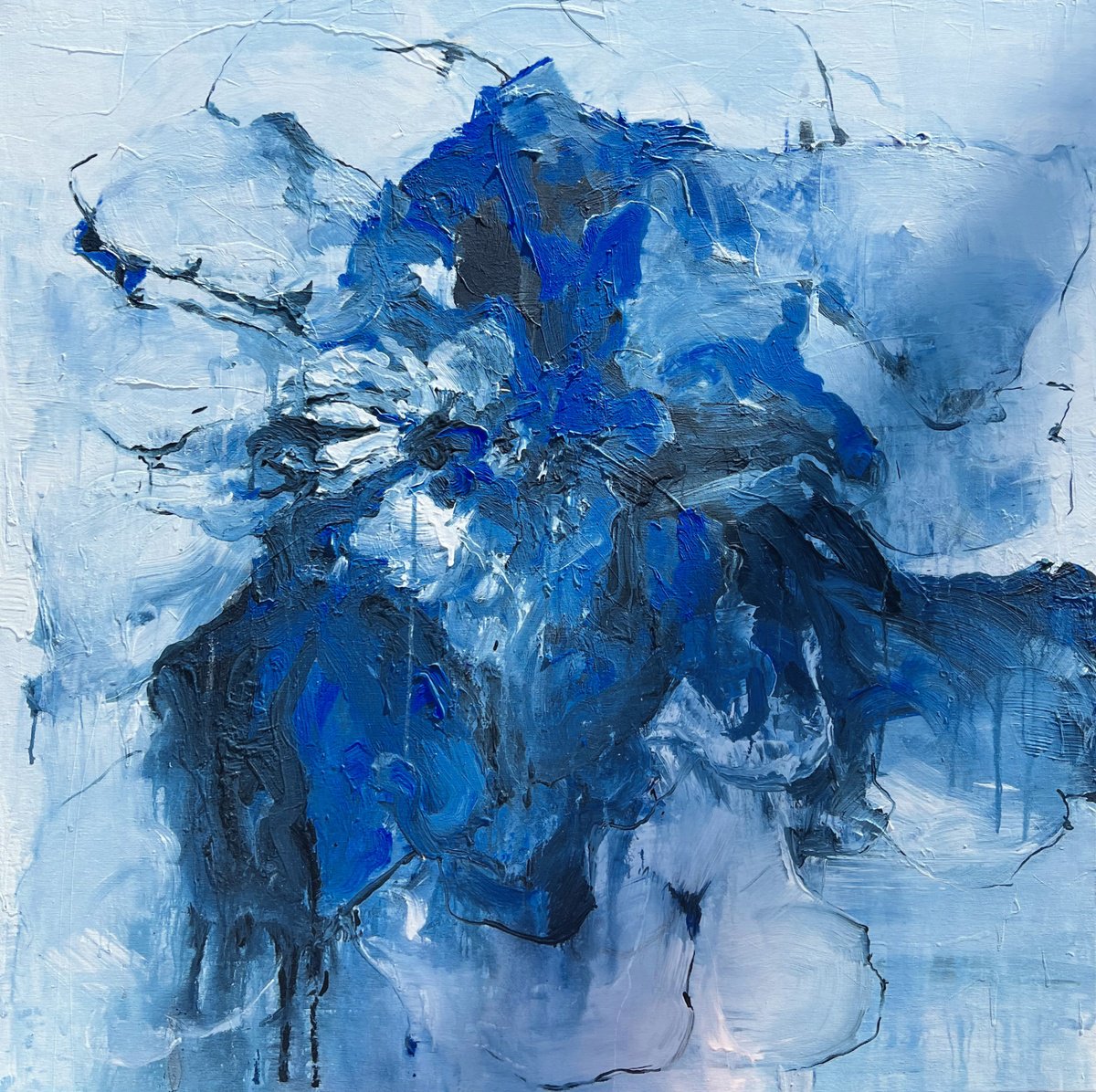 Abstract Botanical Acrylic Painting By Rosi Roys, 39 X 39", Blue Flower 3, Original Artwork