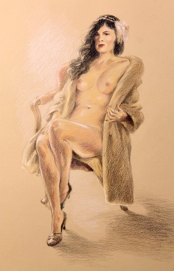 Nude woman in a fur coat