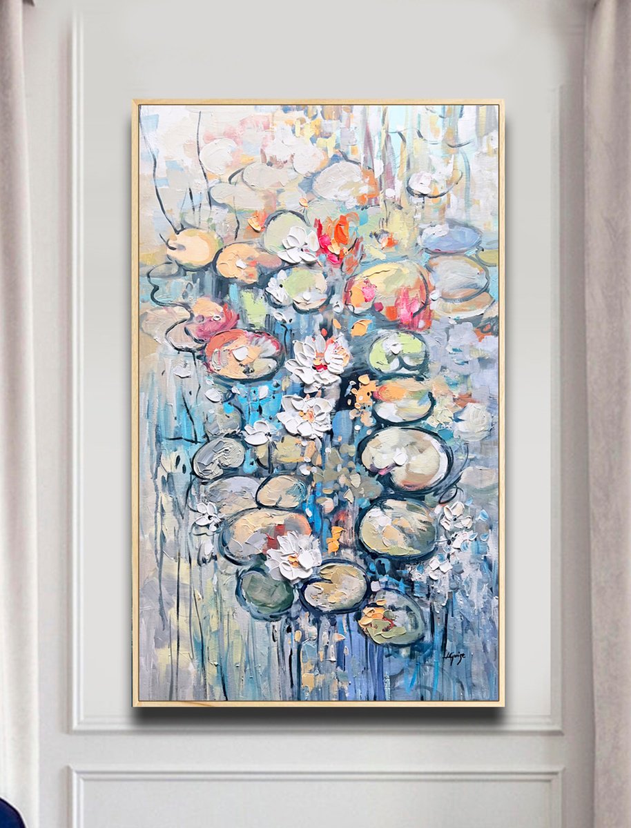 Abstract Landscape Oil Painting By Lana Guise, 25 X 41", Mirage Of Lilies, Original Artwork