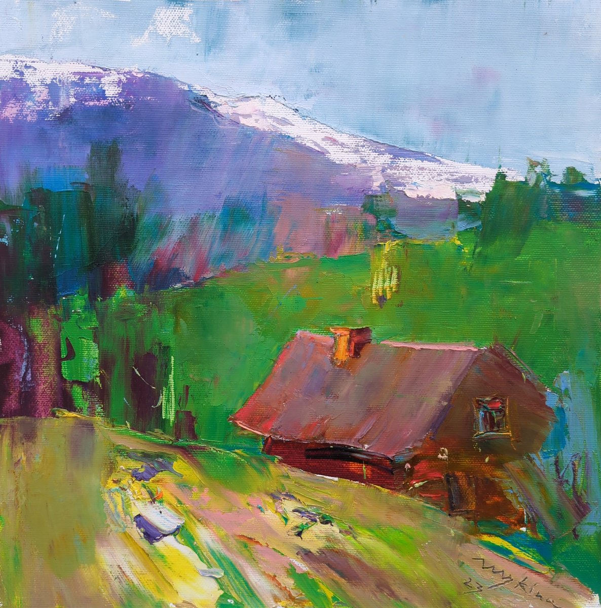 Impressionistic Landscape Oil Painting By Helen Shukina, 12 X 12, In The Mountains . Small House, Original Artwork