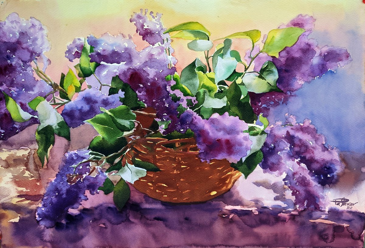 Impressionistic Botanical Watercolour By Yurii Pashkov, 22 X 15", Lilac Bouquet, Original Artwork