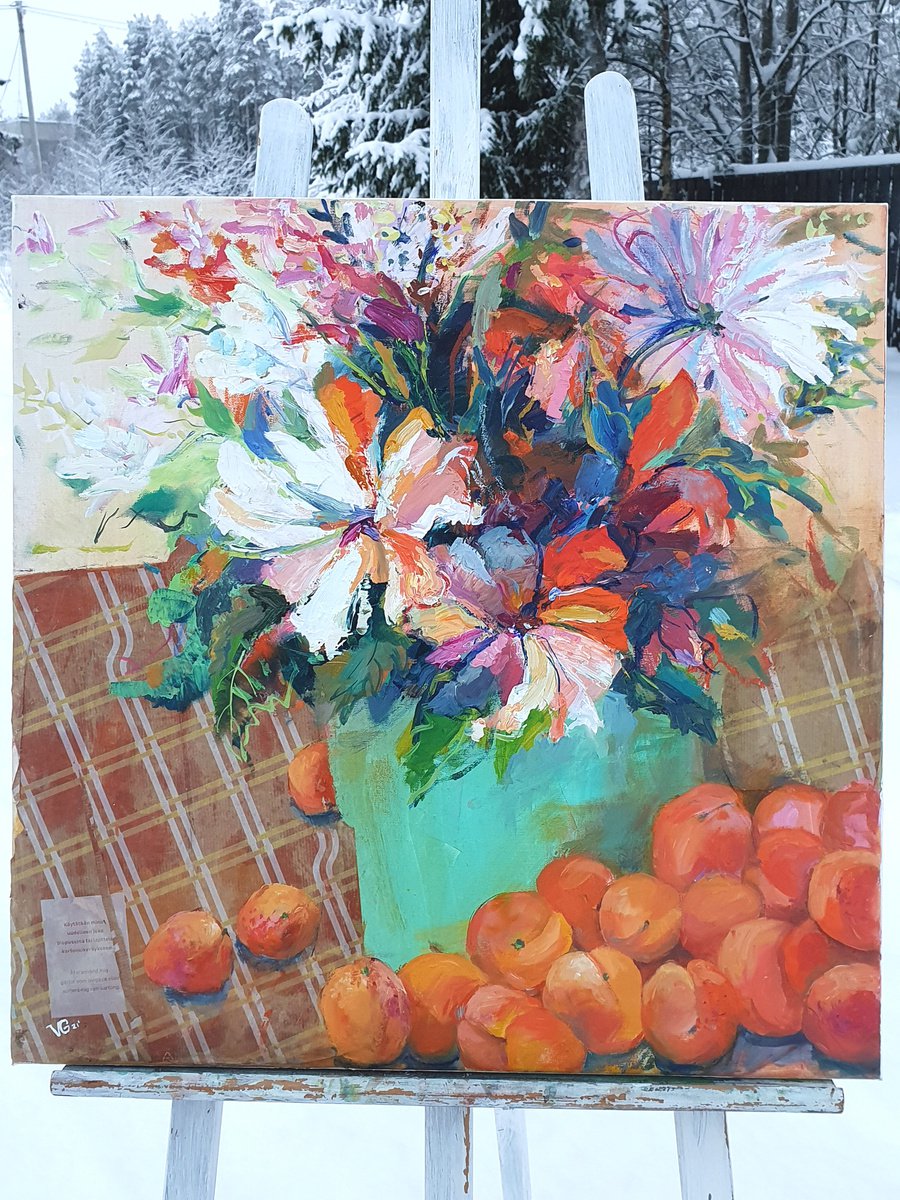 STILL LIFE WITH FLOWERS AND APRICOTS -gift idea, for home decor by Valentina Gaychuk