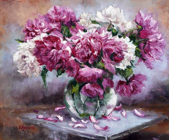 Peonies in Glass Vase