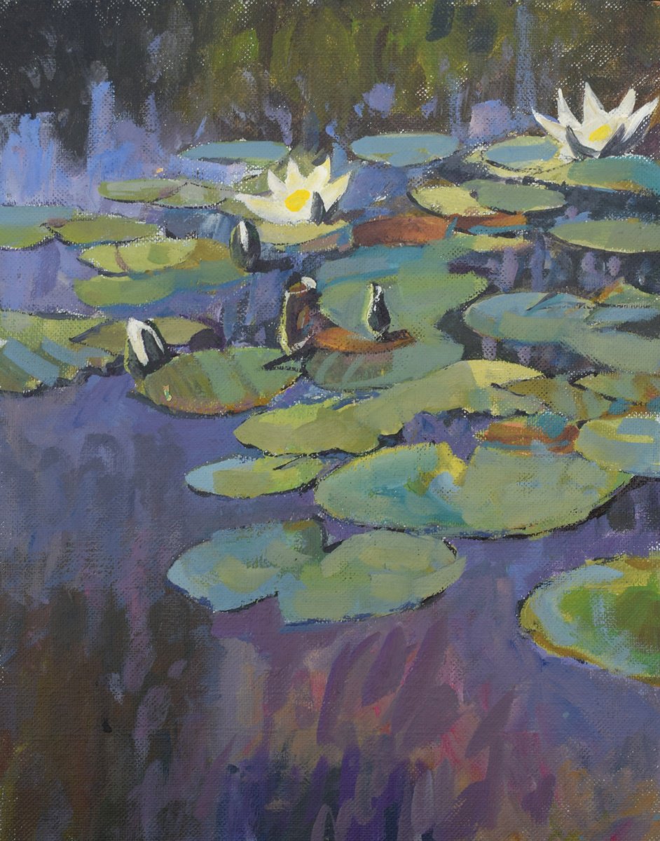 Expressive Botanical Acrylic Painting By Goran Zigolic Watercolors, 16 X 20, Water Lilies Iv, Original Artwork