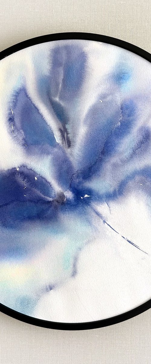 Blue abstract flower round art by Olga Grigo