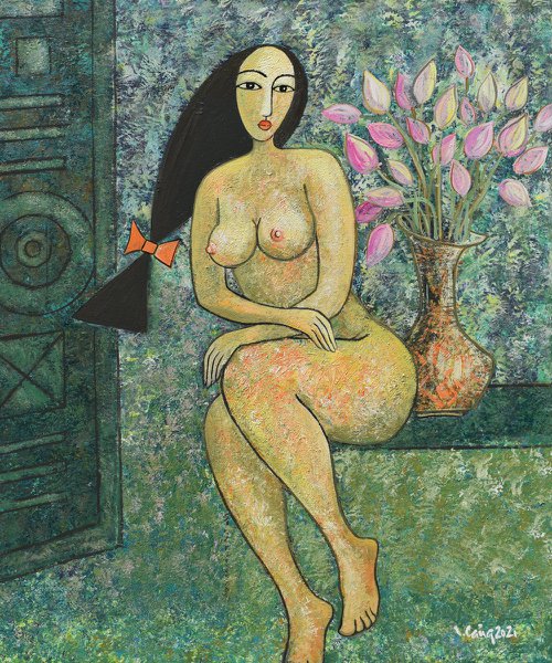 Young lady and lotus by Cang Lam Van