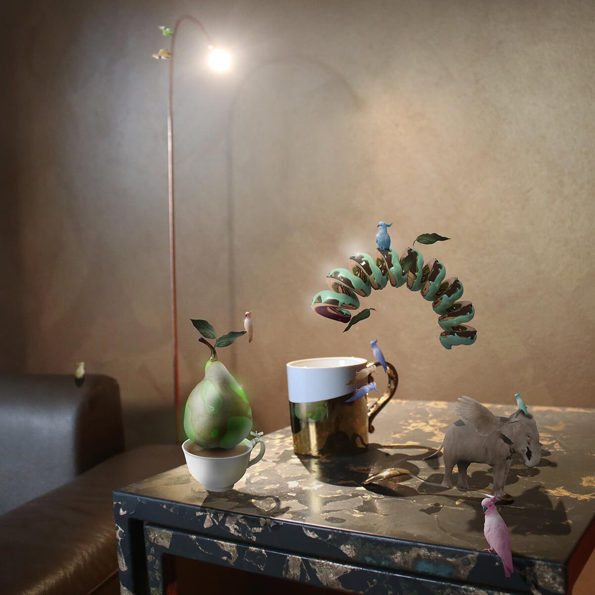 Surrealistic Animal Print By Vanessa T Stefanova, 24 X 24", Coffee On The Table, Original Artwork