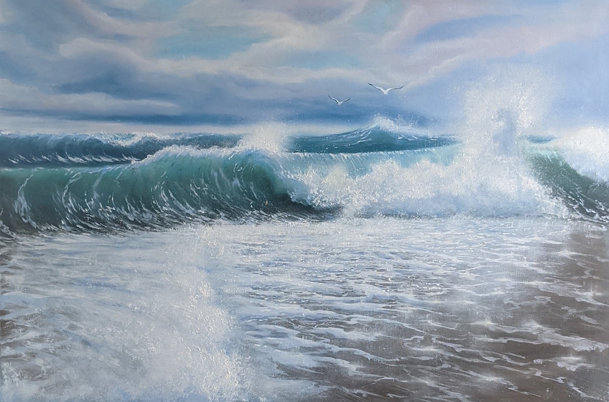 Photorealistic Landscape Oil Painting By Artem _Ar.ko, 35 X 24, Waves Of The Atlantic, Original Artwork