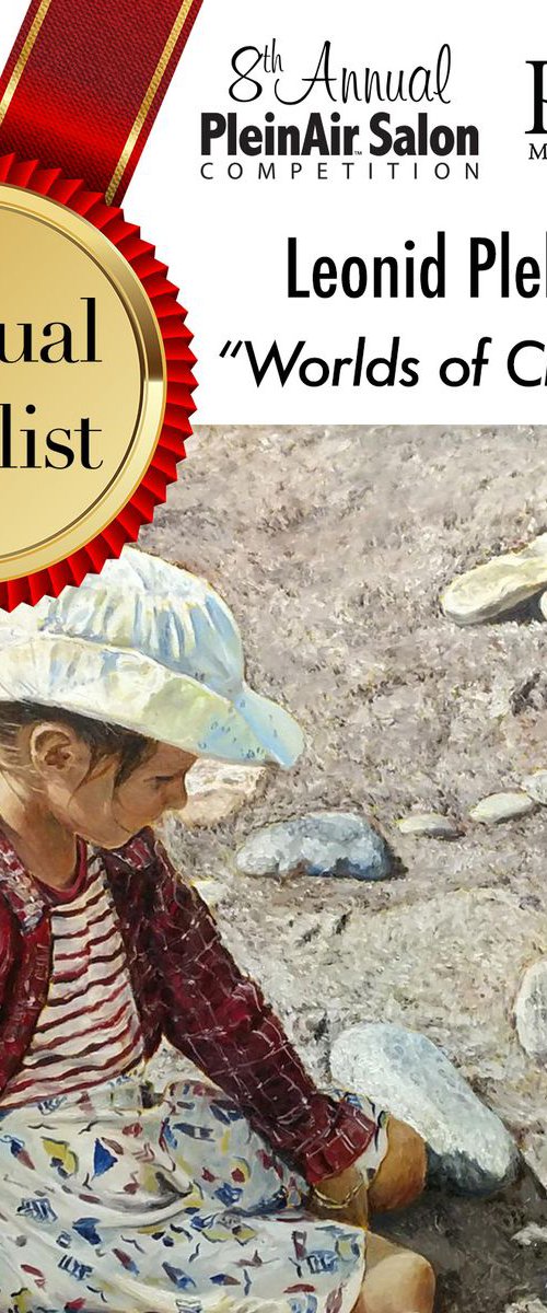Worlds of childhood - figurative award-winning painting - child portrait among stones, sand, dry grass, and play of shadows and light by Leonid Plekhanov