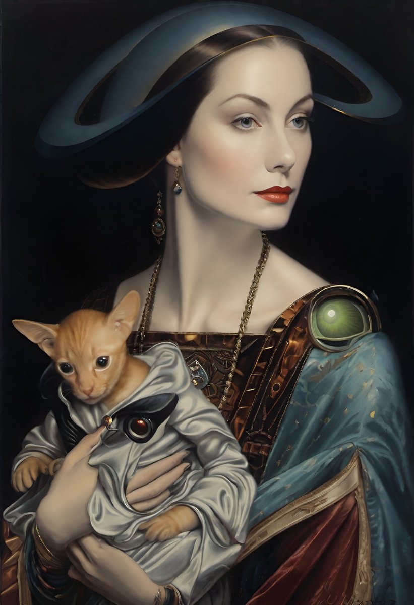 Surrealistic Portrait Giclee Print By Misty Lady - M. Nierobisz, 12 X 17", Lady With A Cat, Original Artwork