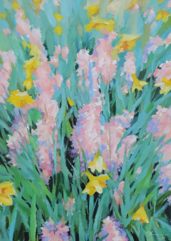 Pink Hyacinths and Yellow Daffodils