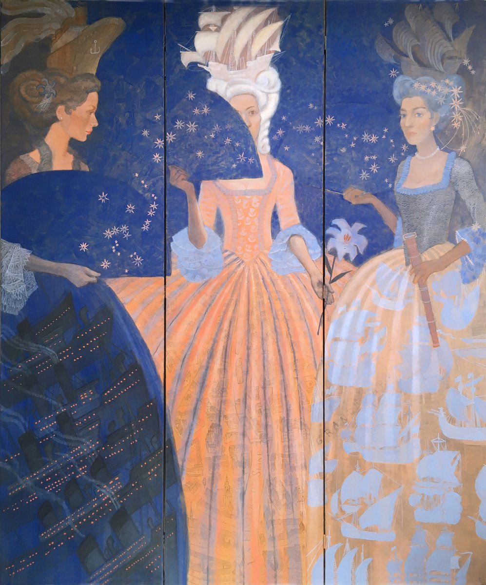 Surrealistic Portrait Acrylic Painting By Olga Kataeva-Rochford, 59 X 71", Three Maritime Beauties, Original Artwork