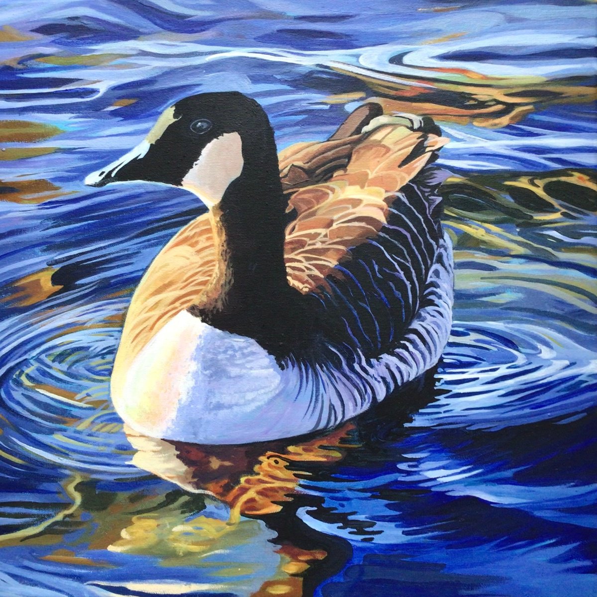 Impressionistic Animal Acrylic Painting By Joseph Lynch, 20 X 20, Canada Goose On The Serpentine, Original Artwork