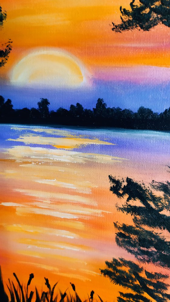 Evening tango, original sunset landscape, trees oil painting