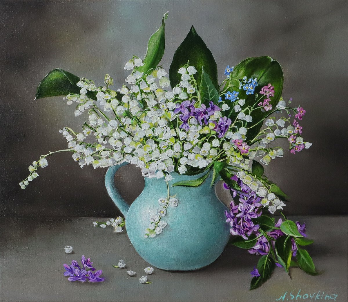 Impressionistic Botanical Oil Painting By Natalia Shaykina, 14 X 12", Lilies Of The Valley, Original Artwork