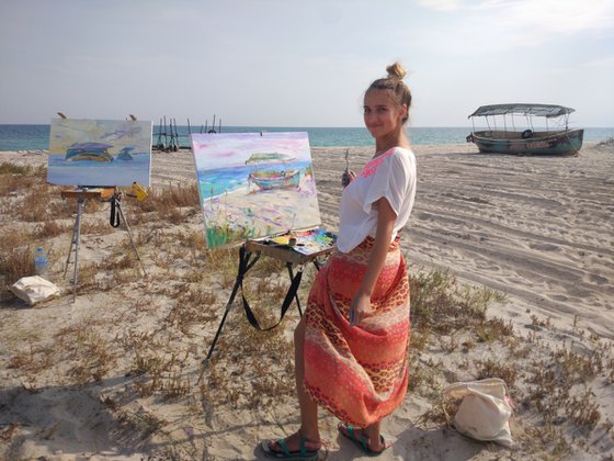 Summer . Dog and old boat