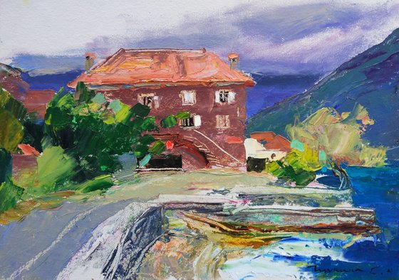 Streets of Montenegro. Old house. Original oil painting