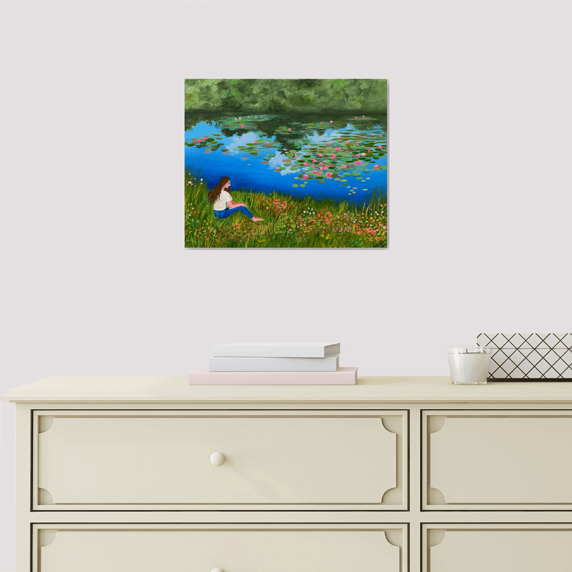 Girl by the pond !! Ready to hang painting!! Floral landscape Acrylic painting by Amita Dand