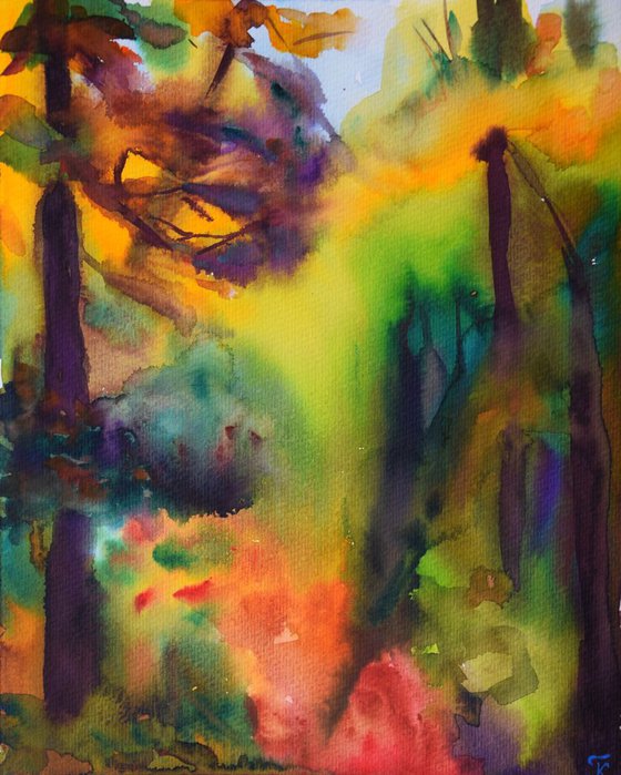 Autumn watercolor painting Abstract landscape, Fall forest path