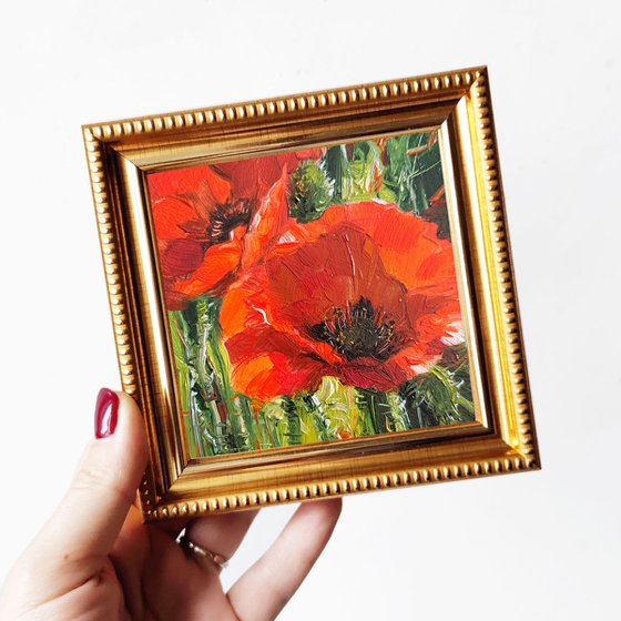 Poppy small painting original, Red flowers oil wall art 4x4 in frame