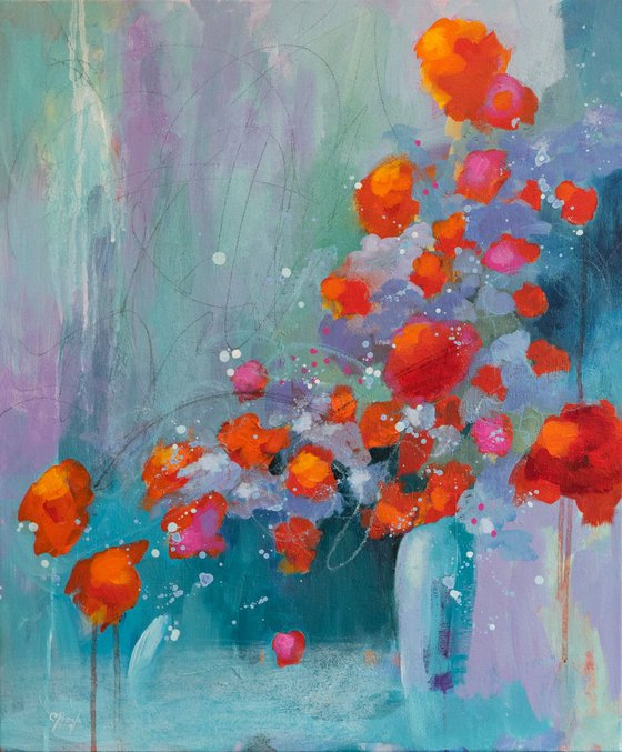 Love will keep us together - Original vertical mixed-media painting - Flower bouquet - One of a kind