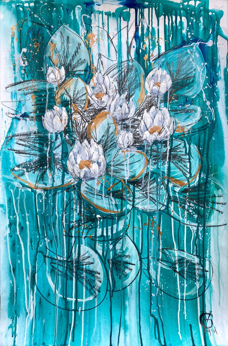 Abstract Botanical Painting By Valeria Golovenkina, 24 X 35", Water Lilies, Original Artwork