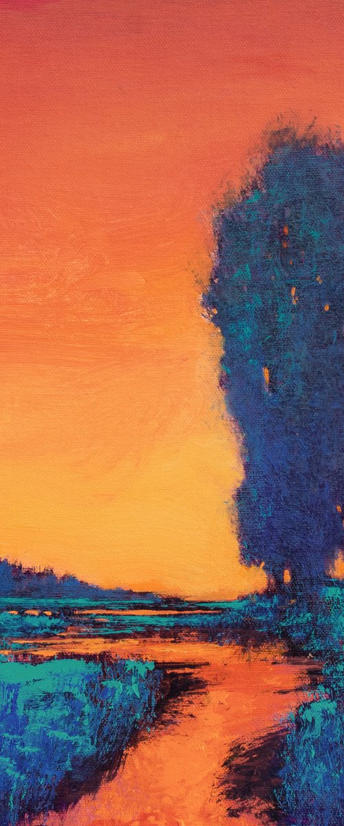 Glowing Sunset 230104, colorful sunset landscape with field, water  & trees by Don Bishop