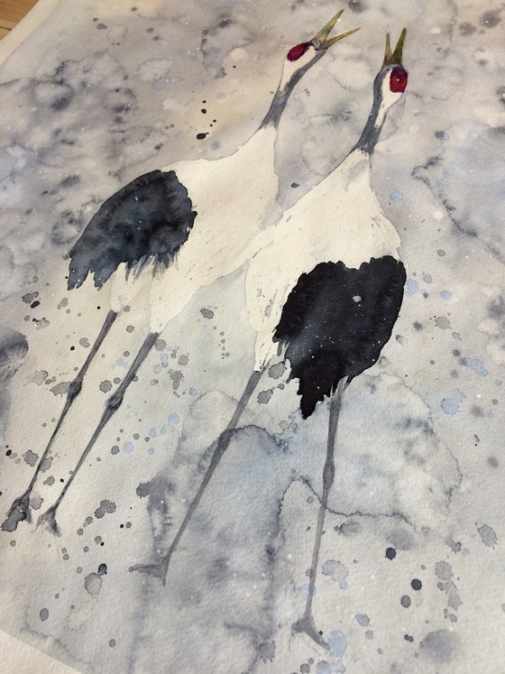 Bird watercolor painting - Japanese cranes large wall art - Wedding gift idea