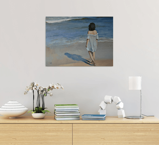 Blue Waters-Impressionist beach figure oil sea painting. 45x61cm.