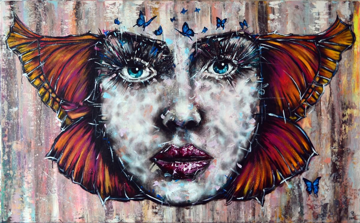 Expressive Portrait Acrylic Painting By Jakub Dk - Jakub D Krzewniak, 48 X 30, Butterfly Dreams, Original Artwork