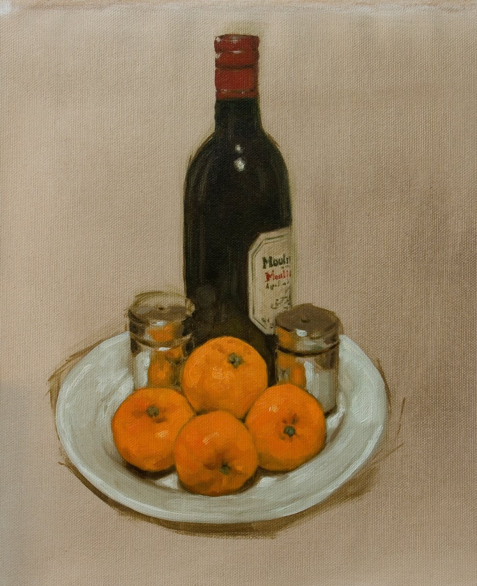 Impressionistic Still Life Oil Painting By Olivier Payeur, 13 X 15", Wine And Tangerines, Original Artwork