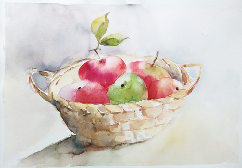 Apples in basket, artwork, watercolor illustration by Tanya Amos