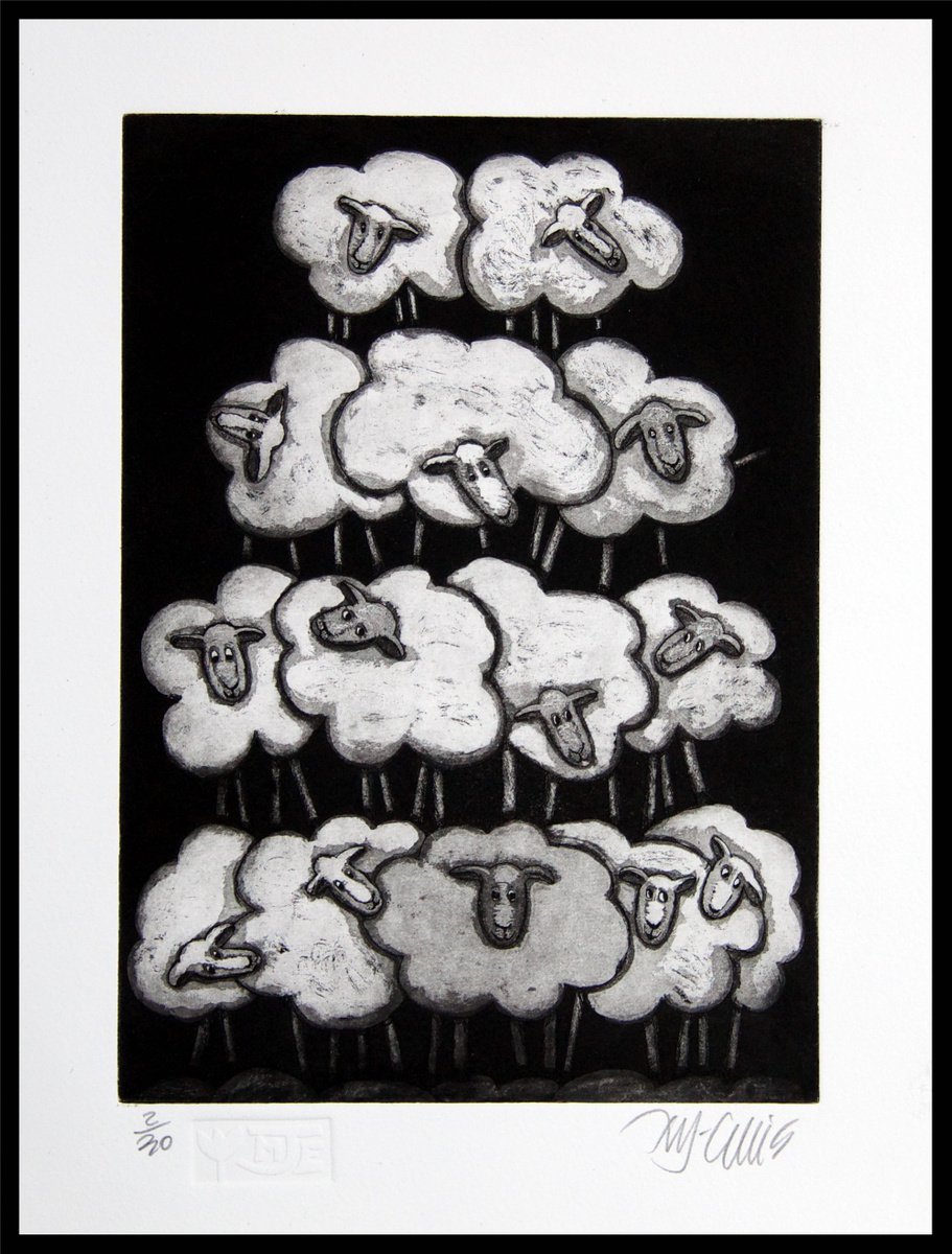 a Stack of Sheep, aquatint etching by Mariann Johansen-Ellis