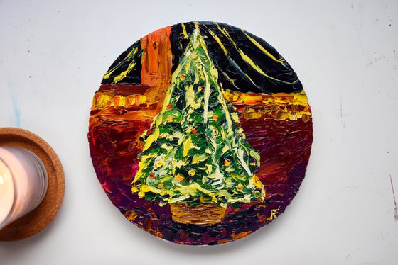 Christmas tree original oil painting on canvas, small round artwork, holiday decor, Christmas gift