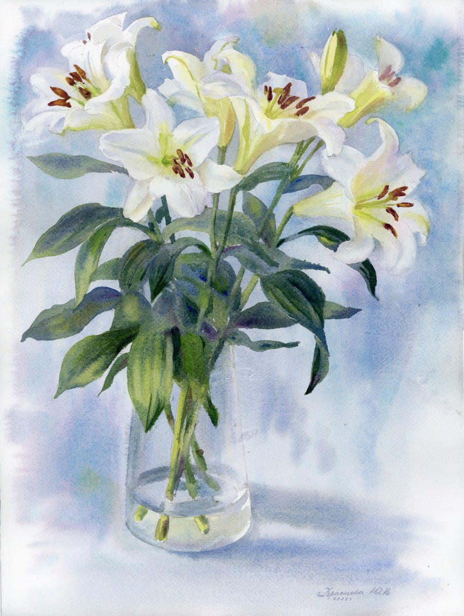 Impressionistic Botanical Watercolour By Yulia Krasnov, 12 X 16", Lily Bouquet, Original Artwork